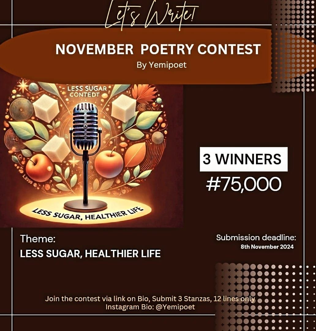 November poetry contest poster featuring a microphone, sugar cubes, and fruits with entry details.